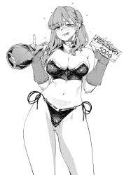 1girl :p aihara_akito armor bikini bikini_armor bottle breasts drunk earrings fingerless_gloves gloves gluteal_fold greyscale highres jewelry large_breasts long_hair looking_at_viewer medieval midriff monochrome navel neck_armor original side-tie_bikini_bottom standing swimsuit thighs tongue tongue_out