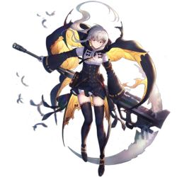 Rule 34 | 1girl, anti-materiel rifle, bare tree, bat (animal), black cape, black footwear, black skirt, black thighhighs, bolt action, boots, breasts, bullpup, buttons, cape, double-breasted, fake scythe, full body, girls&#039; frontline, gloves, gun, hair between eyes, hair ornament, hairclip, heiwari kanade, high-waist skirt, holding, iws 2000 (girls&#039; frontline), iws 2000 (the seventh sealer) (girls&#039; frontline), long hair, long sleeves, looking at viewer, medium breasts, muzzle device, needlegun, official alternate costume, official art, open mouth, orange eyes, ponytail, prototype design, red eyes, rifle, scythe, shirt, sidelocks, skirt, sniper rifle, solo, standing, star (symbol), steyr arms, steyr iws 2000, steyr mannlicher, tape, thighhighs, transparent background, tree, very long hair, weapon, weapon on back, white gloves, white hair, white shirt, wide sleeves, zettai ryouiki