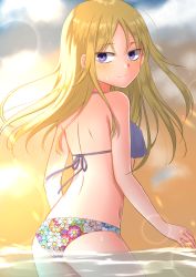 Rule 34 | 1girl, absurdres, arms at sides, ass, back, backlighting, bare arms, beach, bikini, blonde hair, caustics, closed mouth, cloud, cloudy sky, cowboy shot, facing viewer, floating hair, floral print, hachusan111, halterneck, highres, lens flare, light blush, light particles, light rays, light smile, long hair, looking afar, looking back, magia record: mahou shoujo madoka magica gaiden, mahou shoujo madoka magica, ocean, outdoors, parted bangs, purple bikini, purple eyes, shoulder blades, sky, solo, standing, sunlight, sunset, swimsuit, thighs, tsurime, wading, water, wet, wet hair, yellow sky, yukino kanae