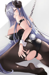 Rule 34 | 1girl, absurdres, akatsuki (aktk511), armband, ass, august von parseval (azur lane), azur lane, black leotard, blush, breasts, cameltoe, chain, duplicate, fake tail, grey background, grey eyes, grey hair, hair over one eye, hand on own ass, highres, horns, huge breasts, kneeling, leotard, long hair, looking at viewer, mechanical horns, no shoes, pantyhose, parted lips, pixel-perfect duplicate, playboy bunny, shadow, solo, tail, torn clothes, torn pantyhose, very long hair, wrist cuffs