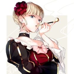 Rule 34 | 1girl, beatrice (umineko), blonde hair, blue eyes, blunt bangs, choker, commentary, dress, hair bun, hair ornament, highres, holding, holding smoking pipe, juliet sleeves, long sleeves, looking at viewer, puffy sleeves, smoke, smoking pipe, sofy, solo, striped clothes, striped dress, umineko no naku koro ni, upper body, vertical-striped clothes, vertical-striped dress