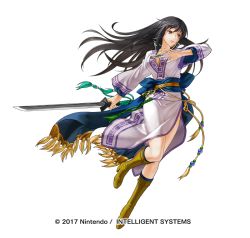 Rule 34 | 1girl, 2017, belt, black hair, boots, breasts, closed mouth, company name, fire emblem, fire emblem: the blazing blade, fire emblem heroes, full body, karla, katana, kita senri, large breasts, long hair, nintendo, official art, sash, side slit, simple background, solo, sword, weapon, white background