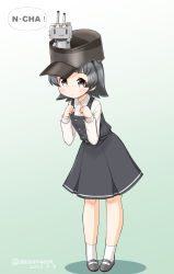 Rule 34 | 1girl, arare (kancolle), arare kai ni (kancolle), black hair, blouse, brown eyes, commentary request, dated, dress, gradient background, hat, kantai collection, leaning forward, long sleeves, masara (chuujou), one-hour drawing challenge, pinafore dress, rensouhou-chan, shirt, short hair, sleeveless dress, socks, solo, twitter username, white background, white shirt, white socks