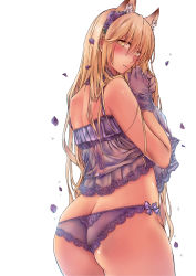 Rule 34 | 1girl, animal ears, ass, bare shoulders, blonde hair, blush, butt crack, camisole, choker, contrapposto, cowboy shot, embarrassed, flower, from behind, gloves, hair flower, hair ornament, highres, lace, lace-trimmed panties, lace trim, long hair, looking at viewer, looking back, original, panties, parted lips, petals, rose, side-tie panties, simple background, slit pupils, solo, standing, underwear, underwear only, white background, yellow eyes, yukibuster z