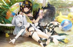 Rule 34 | &gt; &lt;, arknights, asymmetrical hair, ball, barefoot, beach, beachball, black hair, blue eyes, bracelet, brown hair, bubble tea, cup, duplicate, eunectes (arknights), goggles, grey hair, hair ornament, hair over one eye, hair ribbon, highres, inflatable duck, innertube, jewelry, looking at viewer, lying, multicolored hair, o-ring, on stomach, open mouth, palm tree, pointy ears, ribbon, rubber duck, sand, sitting, songchuan li, sunlight, swim ring, swimsuit, tail, tomimi (arknights), tree, twintails, water, yellow eyes