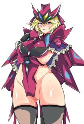 Rule 34 | 1girl, absurdres, aged up, arm under breasts, blonde hair, blue eyes, blush, breast hold, breasts, carol malus dienheim, clothing cutout, hat, highres, large breasts, lolomion, long hair, mole, mole under eye, open mouth, pussy, senki zesshou symphogear, shiny skin, side cutout, sideless outfit, solo, standing, sweat, thighhighs