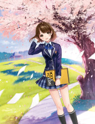 Rule 34 | 1girl, brown eyes, brown hair, cherry blossoms, cover image, day, hanekoto, holding, long sleeves, looking at viewer, official art, open mouth, original, outdoors, plaid, plaid skirt, pleated skirt, school uniform, short hair, sketchbook, skirt, smile, solo, sono 10-moji wo boku wa wasurenai, tree