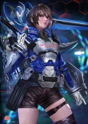 Rule 34 | 1girl, akira howard (female), artist request, astral chain, bad id, bad twitter id, brown eyes, brown hair, chain, gloves, hair ornament, jacket, long sleeves, looking at viewer, police, police uniform, short hair, simple background, solo, thick lips, uniform, weapon