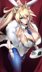 Rule 34 | 1girl, absurdres, animal ears, artoria pendragon (all), artoria pendragon (fate), artoria pendragon (lancer) (fate), artoria pendragon (swimsuit ruler) (fate), blonde hair, blue neckwear, blue pantyhose, braid, breasts, card, cleavage, clothing cutout, curtains, detached collar, fake animal ears, fate/grand order, fate (series), feather boa, fishnet pantyhose, fishnets, french braid, green eyes, hair between eyes, high ponytail, highleg, highleg leotard, highres, holding, holding tray, kyle (kysizzle), large breasts, leotard, navel cutout, pantyhose, playboy bunny, playing card, poker chip, rabbit ears, sidelocks, standing, tiara, tray, white leotard, wrist cuffs