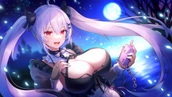 Rule 34 | 1girl, 60mai, :d, breasts, cleavage, detached collar, full moon, hair ornament, hairclip, hand on own chest, holding, ikumi (virtual youtuber), large breasts, light particles, long hair, looking at viewer, moon, night, night sky, open mouth, original, outdoors, red eyes, sky, smile, solo, twintails, upper body, virtual youtuber, white hair