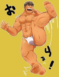 Rule 34 | 1boy, abs, bara, body hair, brown hair, chest hair, facial hair, feet up, fighting stance, goatee, highres, kontahsm, large pectorals, long sideburns, male focus, manly, muscular, nipples, pectorals, short hair, sideburns, simple background, solo, stubble, takabushi kengo, thick eyebrows, thick thighs, thighs, tokyo houkago summoners, translation request, underwear, underwear only