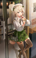 Rule 34 | 1girl, absurdres, against door, anmi, bag, beret, black thighhighs, bow, brown eyes, bubble tea, commentary request, cup, disposable cup, drinking straw, girls und panzer, green bow, green skirt, hair ornament, hat, highres, holding, long hair, long sleeves, looking at viewer, plaid, plaid skirt, ribbon, shimada arisu, shirt, shoes, skirt, solo, standing, standing on one leg, thighhighs, white shirt, zettai ryouiki