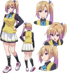 Rule 34 | 1girl, ass, blonde hair, breasts, female focus, kawakami mai, large breasts, long hair, musaigen no phantom world, official art, ponytail, purple eyes, school uniform, shoes, side ponytail, simple background, skirt, smile, solo, standing, white background