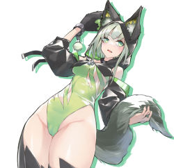 Rule 34 | 1girl, animal ear fluff, animal ears, animal hands, aoi lavender, arknights, bare shoulders, belt, black thighhighs, blush, breasts, cameltoe, cat ears, collar, contrapposto, cowboy shot, cross, detached sleeves, dutch angle, ears through headwear, from below, gloves, green eyes, green leotard, groin, halloween costume, hand up, highleg, highleg leotard, highres, holding tail, hood, hood up, kal&#039;tsit (arknights), leotard, looking away, material growth, medium breasts, oripathy lesion (arknights), paw gloves, see-through, short hair, short hair with long locks, simple background, solo, tail, thighhighs, white background
