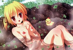 Rule 34 | 1girl, absurdres, blonde hair, blush, breasts, brown eyes, clover, clover point, collarbone, four-leaf clover, hair ribbon, highres, looking at viewer, meteor (company), navel, nipples, nude, onsen, open mouth, partially submerged, red eyes, ribbon, rubber duck, short hair, short twintails, sitting, small breasts, solo, steam, surprised, takanashi yaya, twintails, water, yuyi