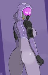 Rule 34 | 1girl, absurdres, alien, ass, back, highres, looking at viewer, quarian, schnuron, solo, tali&#039;zorah, thighs, uncensored, wide hips