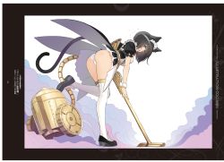 Rule 34 | 1girl, absurdres, animal ears, ass, black hair, blue eyes, blush, breasts, cat ears, cat tail, full body, gold trim, guilty princess, highres, holding, leg up, looking at viewer, looking back, maid, maid headdress, medium breasts, non-web source, open mouth, panties, puffy short sleeves, puffy sleeves, scan, shoes, short hair, short sleeves, simple background, solo, tail, thighhighs, tony taka, underwear, vacuum cleaner, white background, white panties, white thighhighs, wrist cuffs