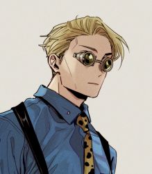 1boy animal_print blonde_hair blue_shirt carrotsprout collared_shirt expressionless goggles grey_background jujutsu_kaisen leopard_print male_focus nanami_kento necktie portrait shirt short_hair solo suspenders yellow_necktie