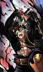 Rule 34 | abs, anti-mage, asta (black clover), black clover, black hair, demon arm, demon boy, gray hairs, green eyes, highres, horns, muscular, muscular male, red eyes, scar, scar on stomach, screaming, sword, tagme, weapon