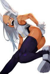 Rule 34 | 1girl, animal ear fluff, animal ears, arm behind back, armpits, backlighting, blue thighhighs, blurry, boku no hero academia, breasts, chorogon, clothing cutout, dark-skinned female, dark skin, depth of field, from below, from side, highres, leotard, looking at viewer, mirko, open mouth, parted bangs, rabbit ears, rabbit girl, rabbit tail, red eyes, simple background, solo, standing, standing on one leg, swept bangs, tail, tail through clothes, teeth, thighhighs, thighs, upper teeth only, v-shaped eyebrows, white background, white hair