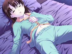 Rule 34 | 1girl, bed, brown hair, child, flat chest, furusawa asumi, game cg, musume shimai, navel, nonohara miki, pajamas, rune, sleeping, solo