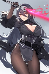 Rule 34 | 1girl, belt, black hair, black jacket, black pantyhose, breasts, cleavage, commentary request, cowboy shot, fur trim, glowing, glowing sword, glowing weapon, hair between eyes, holding, holding sword, holding weapon, iron saga, jacket, kishiyo, large breasts, lips, long hair, looking at viewer, md5 mismatch, oboro (iron saga), original, pantyhose, parted lips, pelvic curtain, solo, sword, weapon