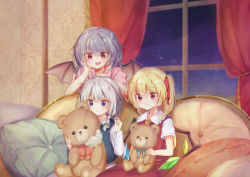 Rule 34 | 3girls, :d, absurdres, aged down, ascot, bat wings, blonde hair, blouse, blue eyes, blue hair, blue vest, blush, bow, braid, closed mouth, collared shirt, commentary, couch, crystal, curtains, cushion, fang, flandre scarlet, frilled shirt collar, frills, green bow, grey hair, hair between eyes, hair bow, hand on another&#039;s head, hand on own cheek, hand on own face, highres, holding, holding needle, holding stuffed toy, indoors, izayoi sakuya, knitting, knitting needle, kutabiretainu, looking at object, medium hair, multiple girls, needle, night, night sky, no headwear, on couch, one side up, open mouth, pink shirt, red eyes, red skirt, red vest, remilia scarlet, shirt, short sleeves, siblings, sisters, sitting, skin fang, skirt, sky, sleeve cuffs, slit pupils, smile, star (sky), starry sky, string, stuffed animal, stuffed toy, stuffing, teddy bear, touhou, twin braids, vest, white shirt, window, wings, yellow ascot