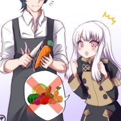 Rule 34 | 1boy, 1girl, apron, arms up, blue hair, blush, byleth (fire emblem), byleth (male) (fire emblem), cabbage, carrot, clenched hands, closed mouth, cooking, crossed out, cucumber, diamond mouth, eggplant, fire emblem, fire emblem: three houses, food, gradient background, highres, knife, long hair, long sleeves, lysithea von ordelia, nintendo, open mouth, purple eyes, school uniform, short hair, sleeves rolled up, speech bubble, tomato, uniform, vegetable, white hair, zero-theme