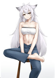 Rule 34 | 1girl, absurdres, animal ears, arknights, bandeau, bare arms, bare shoulders, barefoot, breasts, casperrin, collarbone, commentary, denim, empty eyes, foot out of frame, gradient background, grey background, grey eyes, highres, jeans, lappland (arknights), long hair, looking at viewer, midriff, navel, pants, scar, scar across eye, sitting, small breasts, solo, stomach, stool, strapless, tube top, very long hair, white background, white hair, wolf ears