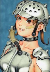 Rule 34 | 1girl, armor, bandaid, bandaid on face, blue background, breastplate, brown eyes, brown hair, choker, grin, helmet, medium hair, original, short twintails, smile, solo, spiked armor, tsukasa jun, twintails, upper body