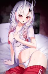 Rule 34 | 1girl, absurdres, covered erect nipples, gradient hair, grey hair, highres, hololive, horns, long hair, looking at viewer, meremere0396, multicolored hair, nakiri ayame, nakiri ayame (7th costume), navel, official alternate costume, oni, open mouth, panties, pants, red eyes, red hair, shirt, short sleeves, skin-covered horns, solo, streaked hair, sweat, track pants, underwear, virtual youtuber, white panties, white shirt
