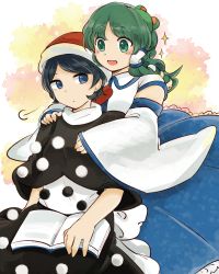 2girls bad_id bad_pixiv_id blue_eyes blue_hair blush book breath detached_sleeves doremy_sweet frog_hair_ornament green_eyes green_hair hair_ornament hair_tubes hat hug hug_from_behind kochiya_sanae long_hair looking_at_another multiple_girls nightcap open_mouth pom_pom_(clothes) short_hair snake_hair_ornament sparkle tama_(hiroshige_36) touhou yuri