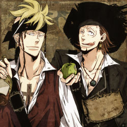 Rule 34 | 2boys, blonde hair, brown hair, costume, hat, male focus, marco (one piece), multiple boys, one piece, pirate, scar, thatch