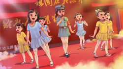 Rule 34 | 6+girls, a-801, band, blue dress, brown hair, china, dress, flat chest, hat, highres, idol, mary janes, microphone, multiple girls, music, open mouth, original, ponytail, shoes, singing, slippers, smile, stage, standing, thigh gap, translation request, yellow dress