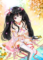 Rule 34 | 1girl, asymmetrical legwear, bare shoulders, black hair, blush, bow, bracelet, breasts, cleavage, closed mouth, collar, collarbone, female focus, flower, gradient background, hair bow, hair flower, hair ornament, jewelry, long hair, looking at viewer, magic, midriff, mismatched legwear, navel, one eye closed, original, panties, phonic, pink bow, pink eyes, sitting, smile, solo, thighhighs, twintails, underwear, wading, water, white panties, white thighhighs, wink