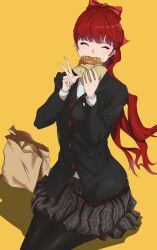 Rule 34 | 1girl, black jacket, black pantyhose, bow, burger, buttons, closed eyes, eating, food, hair bow, highres, holding, holding food, jacket, long hair, long sleeves, pantyhose, persona, persona 5, persona 5 the royal, plaid, plaid skirt, pleated skirt, ponytail, red bow, red hair, s-m-53413, school uniform, shirt, shuujin academy school uniform, skirt, solo, w, white shirt, yoshizawa kasumi
