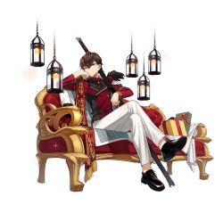 Rule 34 | 1boy, absurdres, black footwear, black hair, blue eyes, box, candle, chaise longue, christmas, christmas ornaments, counter:side, gift, gift box, hanging light, highres, jacket, joo shiyoon, official alternate costume, official art, oxfords, pants, red jacket, red scarf, red shirt, ribbon, scarf, shirt, sword, tachi-e, transparent background, weapon, white pants