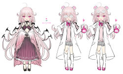 Rule 34 | 1girl, :d, absurdres, bad id, bad pixiv id, blush, coke-bottle glasses, collared shirt, eyewear on head, glasses, grey skirt, hair between eyes, highres, lab coat, long hair, long sleeves, low twintails, multiple views, open clothes, open mouth, original, pink hair, pink sweater, pleated skirt, purple eyes, red skirt, shiodome oji, shirt, simple background, skirt, smile, sweater, twintails, twitter username, very long hair, white background, white shirt, wide sleeves