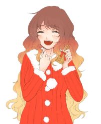 Rule 34 | 1girl, bell, brown hair, closed eyes, fur trim, gradient hair, hijiri byakuren, long hair, long sleeves, mayoln, multicolored hair, open mouth, pom pom (clothes), ribbed sweater, santa costume, smile, solo, sweater, touhou, upper body, white background