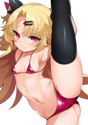 Rule 34 | 1girl, akatsuki uni, armpits, bikini, black thighhighs, blonde hair, blush, breasts, closed mouth, covered erect nipples, gluteal fold, groin, hair ornament, highres, long hair, looking at viewer, micro bikini, navel, parted bangs, red bikini, red eyes, shimejinameko, simple background, small breasts, solo, split, standing, standing on one leg, standing split, swimsuit, thighhighs, two side up, uni create, very long hair, virtual youtuber, white background