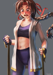 Rule 34 | 1girl, blush, braid, brown hair, embarrassed, hapchi, highres, japanese clothes, open mouth, solo, spandex, sports bra, the king of fighters, undressing, yuri sakazaki