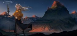 Rule 34 | 1girl, blue sky, closed mouth, fantasy, highres, looking away, mountain, night, night sky, original, river, rouzato, scenery, serious, sky, solo, standing, star (sky), starry sky, twilight, water, weapon, white hair