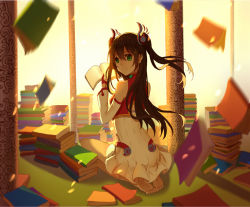 Rule 34 | 1girl, barefoot, book, book stack, brown hair, dress, full body, gloves, green eyes, half gloves, holding, holding book, lan jue, long hair, long sleeves, looking back, open book, original, petals, pillar, red gloves, seiza, sitting, smile, solo, sunlight, twintails, vest, white dress
