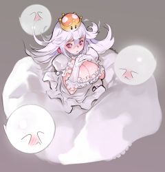 Rule 34 | 1girl, 2018, :&lt;, absurdres, artist name, blush, boo (mario), breasts, cleavage, collar, covering face, crown, dress, earrings, frilled collar, frilled dress, frilled gloves, frills, ghost, gloves, grey background, highres, jewelry, large breasts, looking at viewer, luigi&#039;s mansion, mario (series), mini crown, new super mario bros. u deluxe, nintendo, norasuko, own hands together, princess king boo, puffy short sleeves, puffy sleeves, purple eyes, short sleeves, silver hair, simple background, super crown, wavy hair, white dress, white gloves