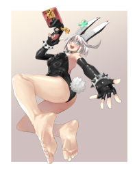 Rule 34 | 1girl, ahoge, aqua eyes, arc system works, ass, bare shoulders, barefoot, blush, breasts, eiji (eiji), elbow gloves, elphelt valentine, feet, fingerless gloves, from below, gloves, guilty gear, guilty gear xrd, gun, highres, leotard, looking at viewer, looking down, open mouth, rabbit ears, rabbit tail, shiny clothes, shiny skin, short hair, silver hair, smile, solo, tail, weapon