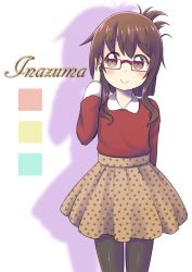 Rule 34 | 10s, 1girl, alternate costume, bespectacled, brown eyes, brown hair, character name, dress, folded ponytail, glasses, gurande (g-size), inazuma (kancolle), kantai collection, long hair, pantyhose, solo