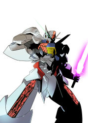 Rule 34 | beam saber, claws, commentary, energy sword, glowing, green eyes, gundam, gundam aerial, gundam suisei no majo, highres, left-handed, looking at viewer, mecha, mobile suit, no humans, oro (0117002), robot, solo, sword, v-fin, weapon, white background