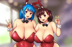 Rule 34 | 2girls, animal ears, ayana (liberty manurung), bare shoulders, black bow, black bowtie, blue hair, blunt bangs, blurry, blurry background, blush, borrowed character, bow, bowtie, breasts, brown hair, cleavage, covered navel, detached collar, erkaz, fake animal ears, hand on another&#039;s hip, hand up, highres, huge breasts, leotard, looking at viewer, medium hair, multiple girls, open mouth, original, playboy bunny, rabbit ears, red eyes, red leotard, rina atherina, smile, upper body, v, wrist cuffs