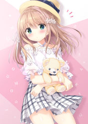 Rule 34 | 1girl, ^^^, bare shoulders, blonde hair, blush, bow, character name, commentary request, cowboy shot, green eyes, hair ornament, hair ribbon, halterneck, hat, hat ribbon, highres, holding, holding stuffed toy, kimishima ao, long hair, looking at viewer, momoi saki, original, pink background, plaid, plaid skirt, pleated skirt, ribbon, skirt, solo, standing, stuffed animal, stuffed toy, teddy bear, white ribbon