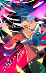 Rule 34 | 1boy, abs, bikkusama, blue eyes, blue hair, chromatic aberration, galo thymos, highres, pants, promare, red pants, topless male, smile, solo